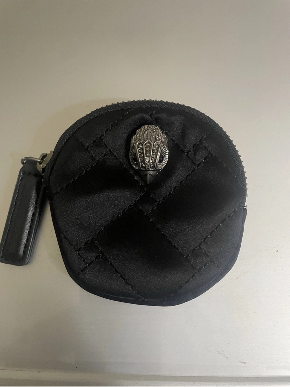 Kurt Geiger Black Quilted Round Coin AirBud Pouch with Crystal Eagle HeadAccent
